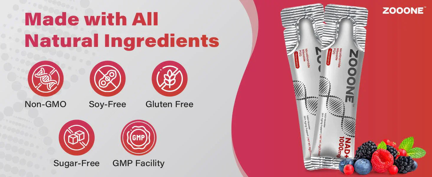 ZOOONE NR1000 – Mélange à boire saveur fruits rouges de NAD+ pour le soutien du vieillissement cutané, l’énergie et la concentration – Pack de 30